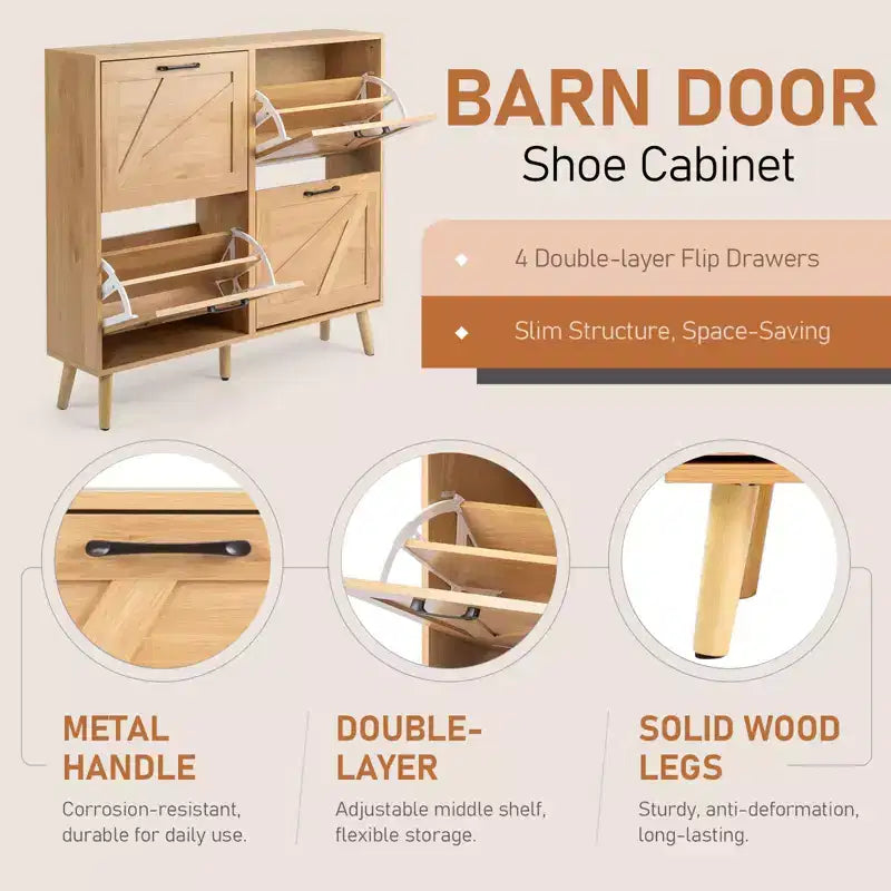 Porte de grange 4 poignées noires charnière panneau de particules gaufré pieds naturels meuble à chaussures 106 cm bois naturel