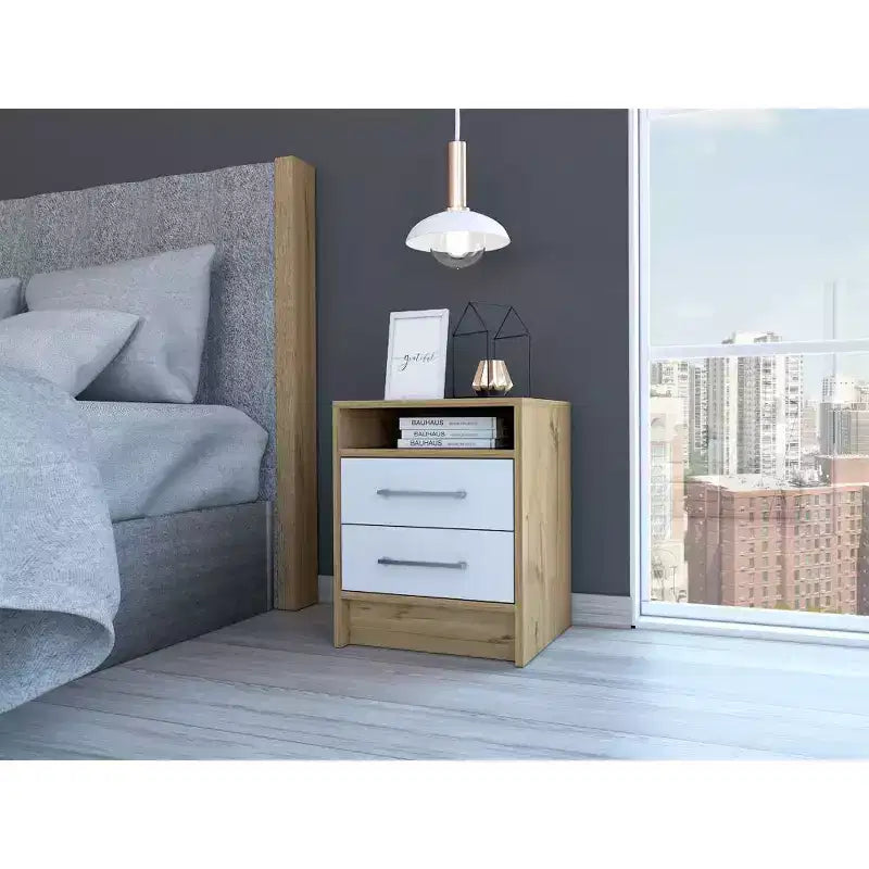 With a clean modern design, this Eter Nightstand , End Table, Side Table Superior Top, Two Drawers -White / Light Oak provides practical storage.