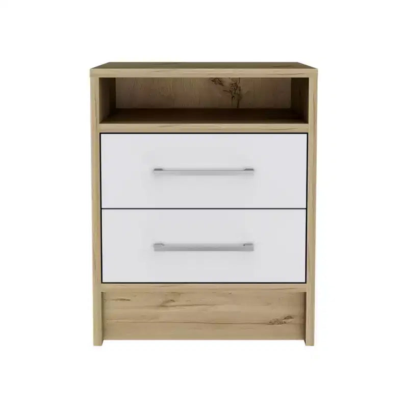 Avec un design épuré et moderne, cette table de chevet, table d'appoint, table d'appoint avec plateau supérieur, deux tiroirs – Blanc / Chêne clair offre un rangement pratique.
