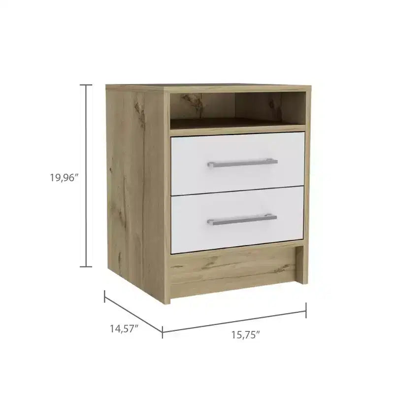 Avec un design épuré et moderne, cette table de chevet, table d'appoint, table d'appoint avec plateau supérieur, deux tiroirs – Blanc / Chêne clair offre un rangement pratique.