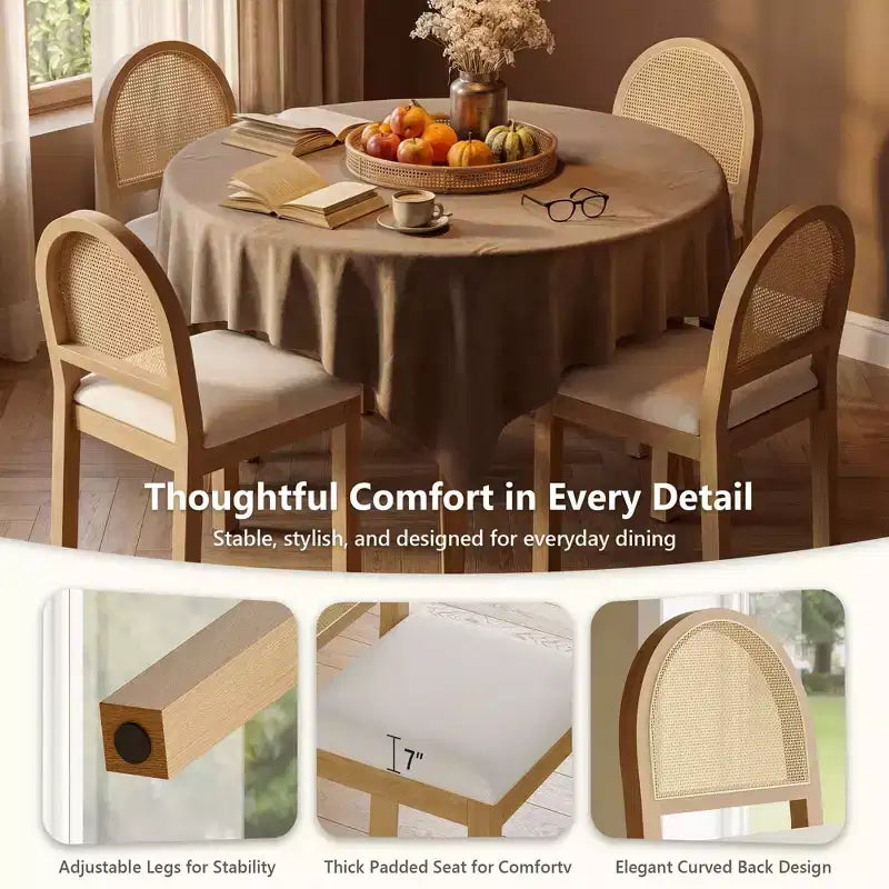 Chaises de salle à manger Mid-Century Modern avec dossier en rotin tressé à la main et assise rembourrée en chenille pour cuisine et salle à manger