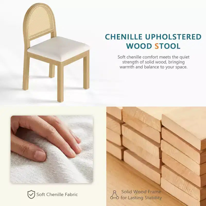 Chaises de salle à manger Mid-Century Modern avec dossier en rotin tressé à la main et assise rembourrée en chenille pour cuisine et salle à manger