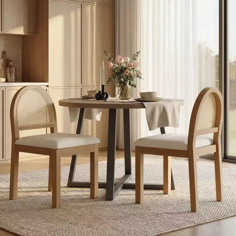 Chaises de salle à manger Mid-Century Modern avec dossier en rotin tressé à la main et assise rembourrée en chenille pour cuisine et salle à manger