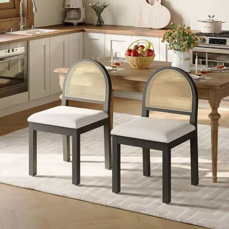 Chaises de salle à manger Mid-Century Modern avec dossier en rotin tressé à la main et assise rembourrée en chenille pour cuisine et salle à manger