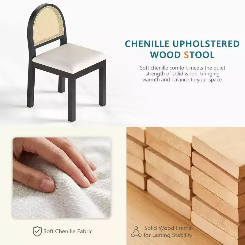 Chaises de salle à manger Mid-Century Modern avec dossier en rotin tressé à la main et assise rembourrée en chenille pour cuisine et salle à manger
