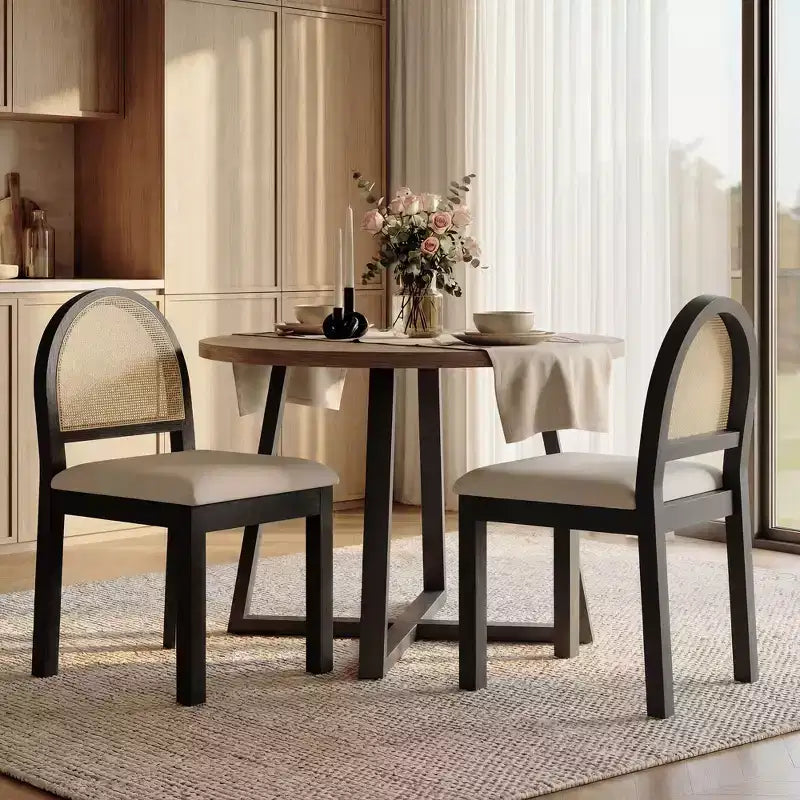 TYBOATLE Mid-Century Modern Dining Chairs with Handwoven Rattan Backrest and Padded Chenille Seat for Kitchen Dining Room