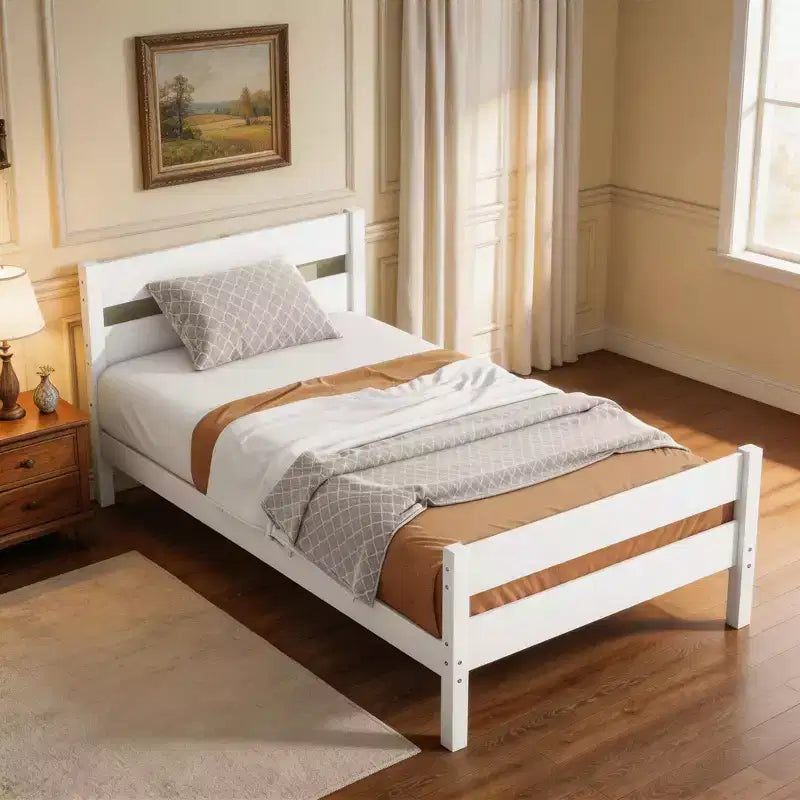 Cadre de lit plateforme double en bois d'hévéa avec tête et pied de lit, design compact