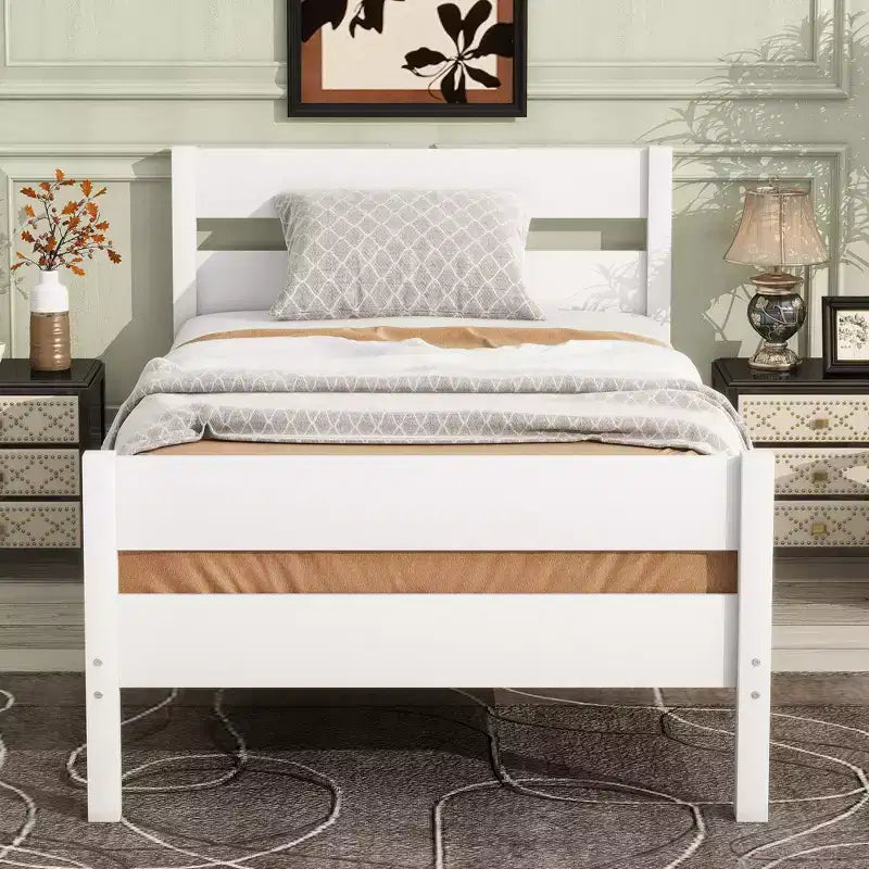 Cadre de lit plateforme double en bois d'hévéa avec tête et pied de lit, design compact