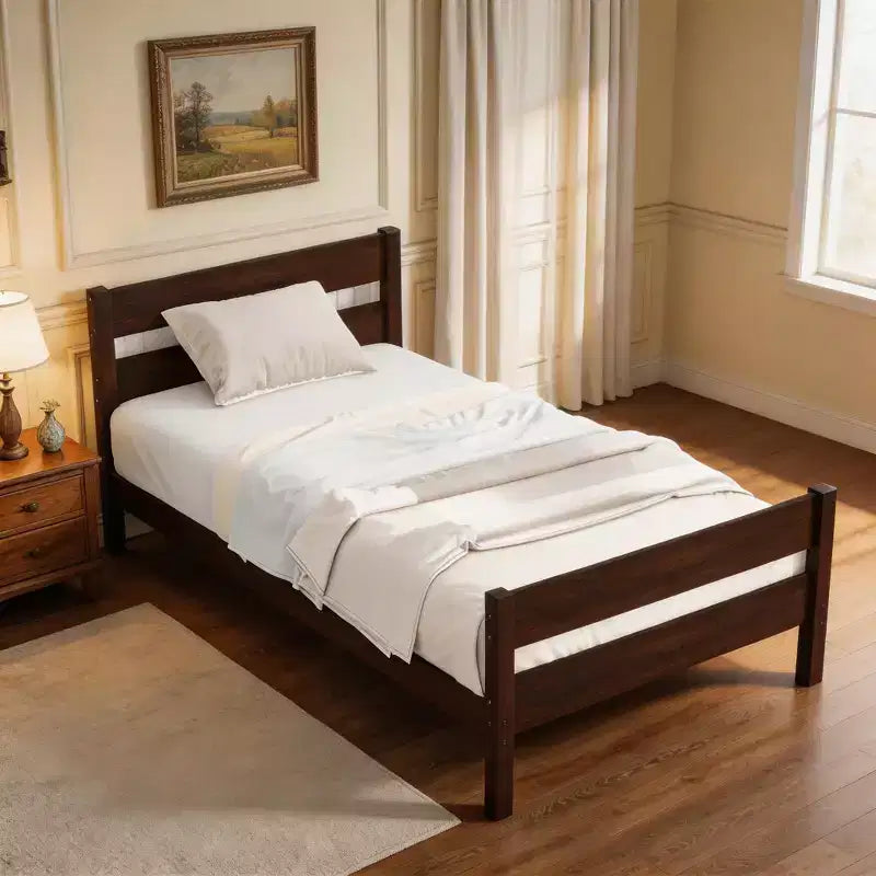 Cadre de lit plateforme double en bois d'hévéa avec tête et pied de lit, design compact