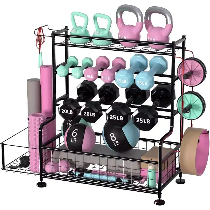 4-Tier Dumbbell Rack Stand,Powder Coated Weight Rack with Hooks for Home Gym,Storage Rack for Yoga Mat Kettlebells and Strength Training Equipment