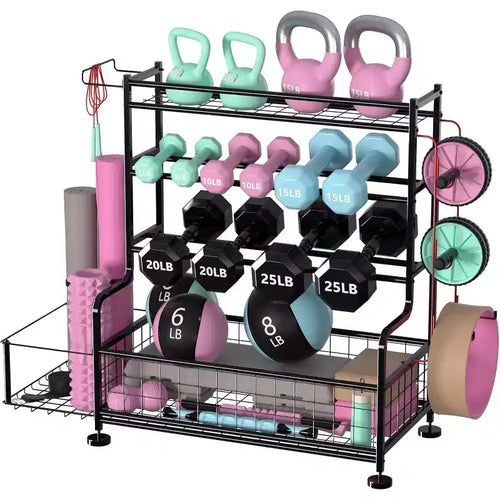 4-Tier Dumbbell Rack Stand,Powder Coated Weight Rack with Hooks for Home Gym,Storage Rack for Yoga Mat Kettlebells and Strength Training Equipment
