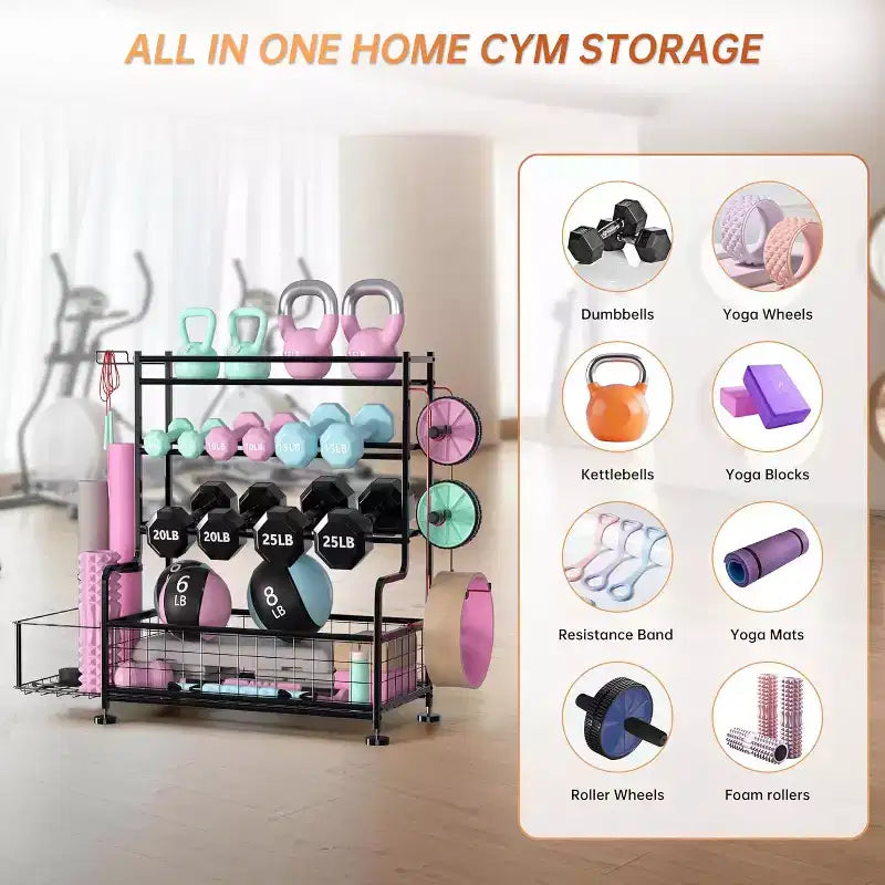 Support de rangement pour haltères à 4 niveaux, support de poids en acier thermolaqué avec crochets pour gym à domicile, support de rangement pour tapis de yoga, haltères russes et équipement de musculation.
