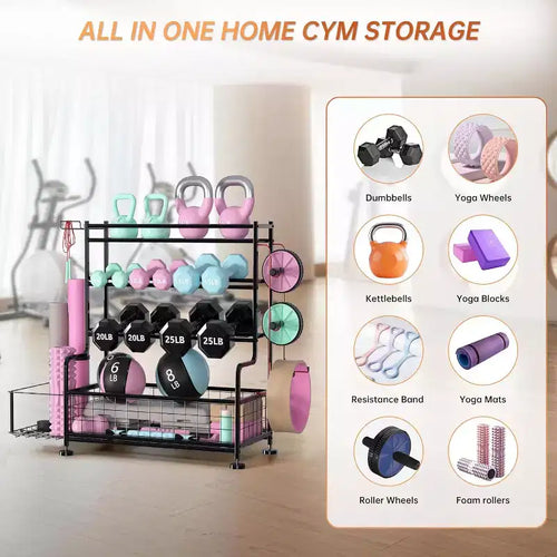 Support de rangement pour haltères à 4 niveaux, support de poids en acier thermolaqué avec crochets pour gym à domicile, support de rangement pour tapis de yoga, haltères russes et équipement de musculation.