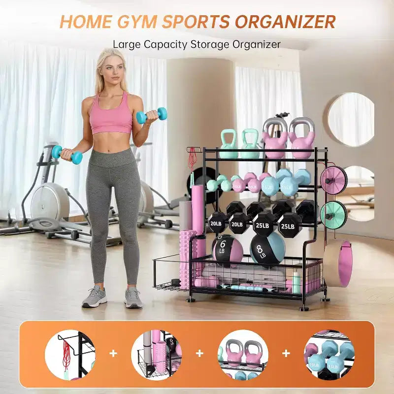 Support de rangement pour haltères à 4 niveaux, support de poids en acier thermolaqué avec crochets pour gym à domicile, support de rangement pour tapis de yoga, haltères russes et équipement de musculation.