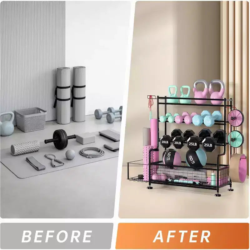 Support de rangement pour haltères à 4 niveaux, support de poids en acier thermolaqué avec crochets pour gym à domicile, support de rangement pour tapis de yoga, haltères russes et équipement de musculation.