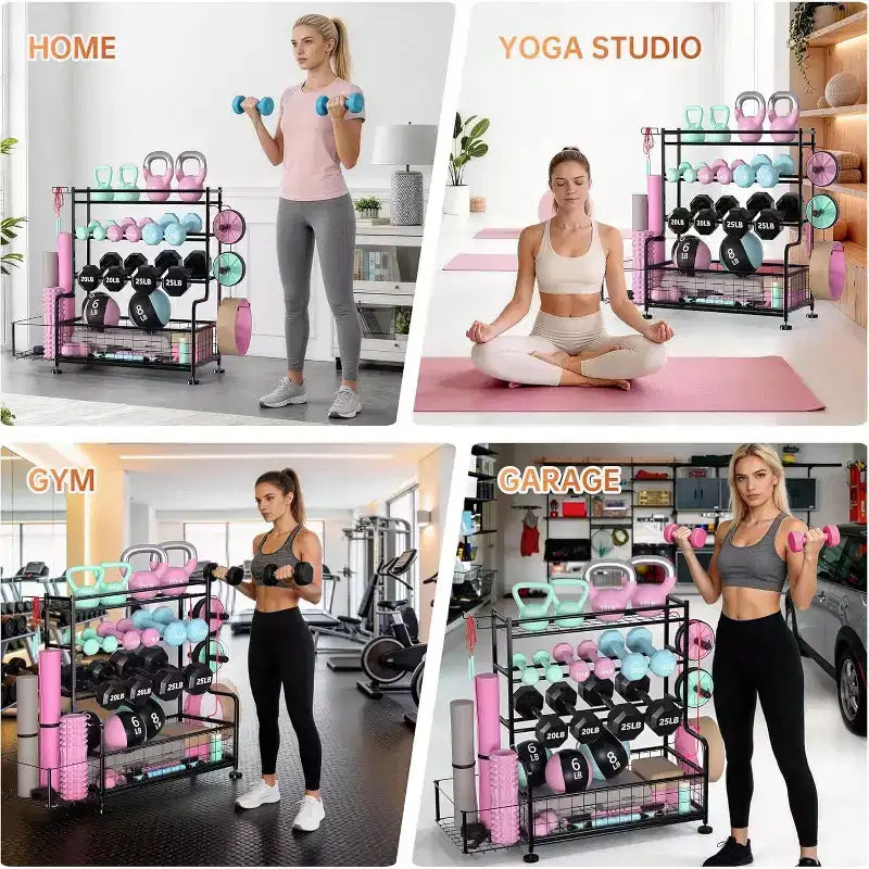 Support de rangement pour haltères à 4 niveaux, support de poids en acier thermolaqué avec crochets pour gym à domicile, support de rangement pour tapis de yoga, haltères russes et équipement de musculation.
