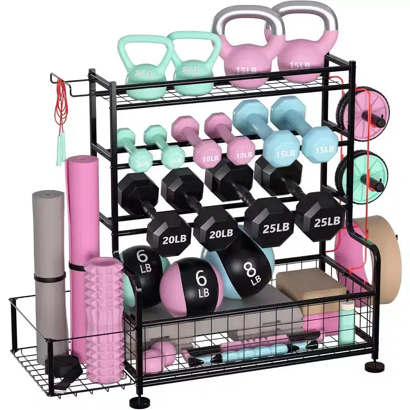 Support de rangement pour haltères à 4 niveaux, support de poids en acier thermolaqué avec crochets pour gym à domicile, support de rangement pour tapis de yoga, haltères russes et équipement de musculation.