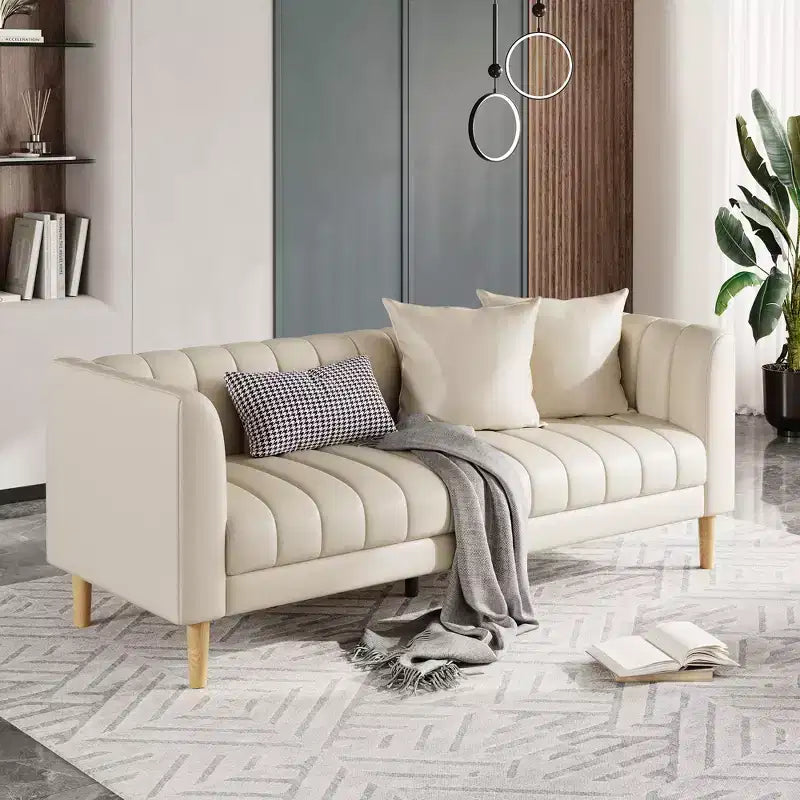 Modern Faux Leather Sofa 83, 3 Seater Deep Seat Couch with Wood Legs, Ergonomic Cushions & 2 Throw Pillows for Living Room, Bedroom or Apartment