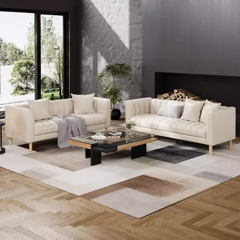 Canapé moderne en similicuir 83, 3 places avec assise profonde et pieds en bois, coussins ergonomiques et 2 coussins décoratifs pour salon, chambre ou appartement