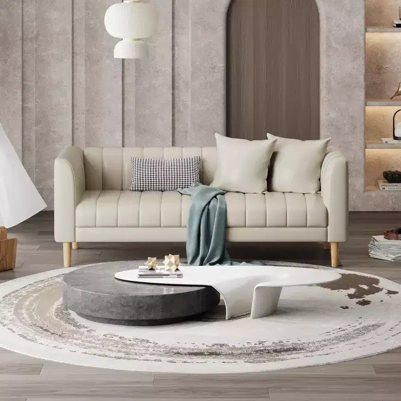Canapé moderne en similicuir 83, 3 places avec assise profonde et pieds en bois, coussins ergonomiques et 2 coussins décoratifs pour salon, chambre ou appartement
