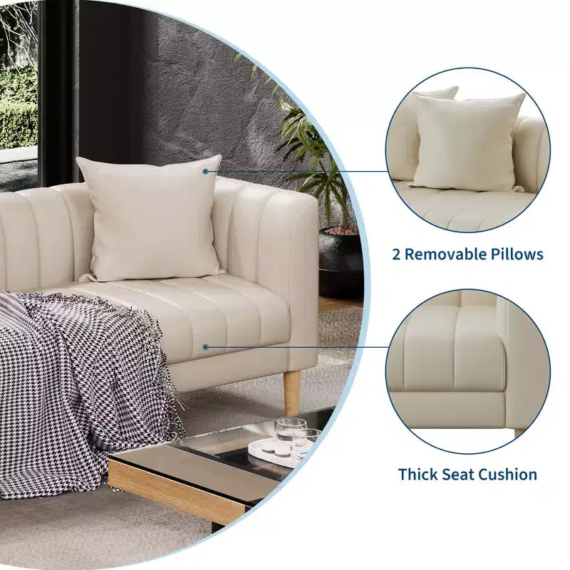 Canapé moderne en similicuir 83, 3 places avec assise profonde et pieds en bois, coussins ergonomiques et 2 coussins décoratifs pour salon, chambre ou appartement