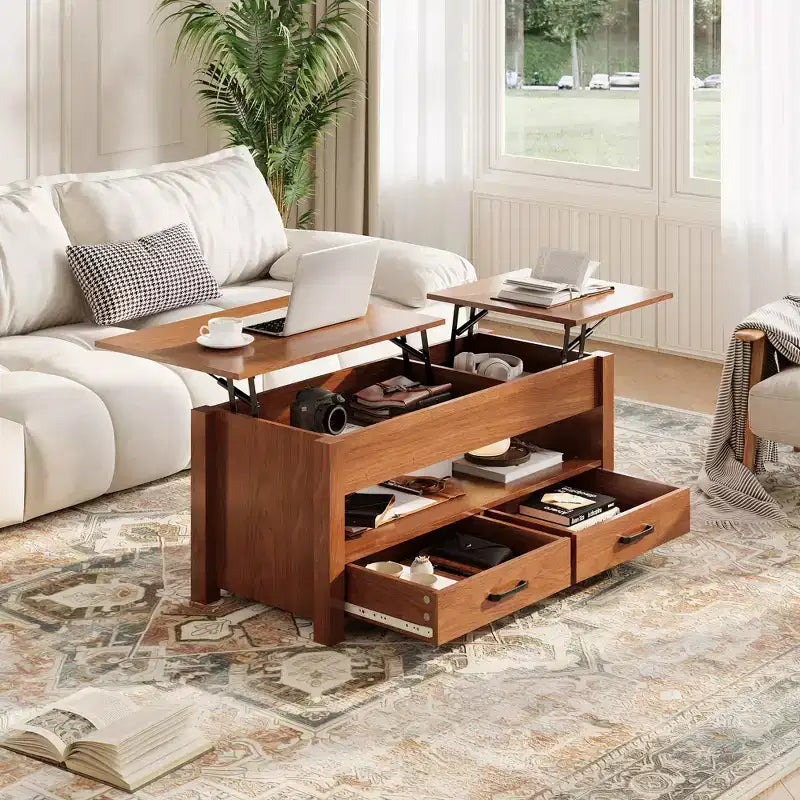 Table basse relevable avec 2 tiroirs et rangement caché, table en bois convertible pour salon et bureau à domicile