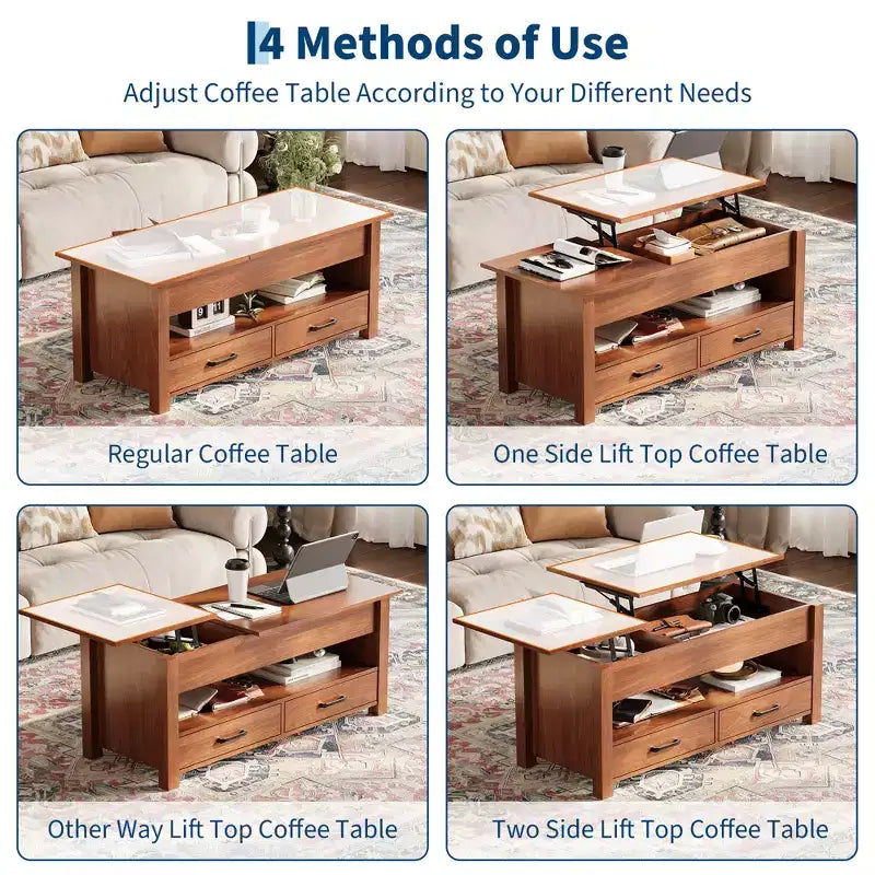 Table basse relevable avec 2 tiroirs et rangement caché, table en bois convertible pour salon et bureau à domicile