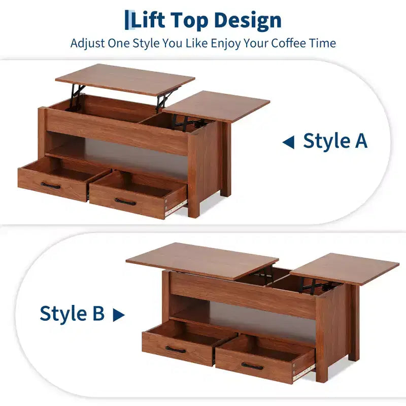 Table basse relevable avec 2 tiroirs et rangement caché, table en bois convertible pour salon et bureau à domicile