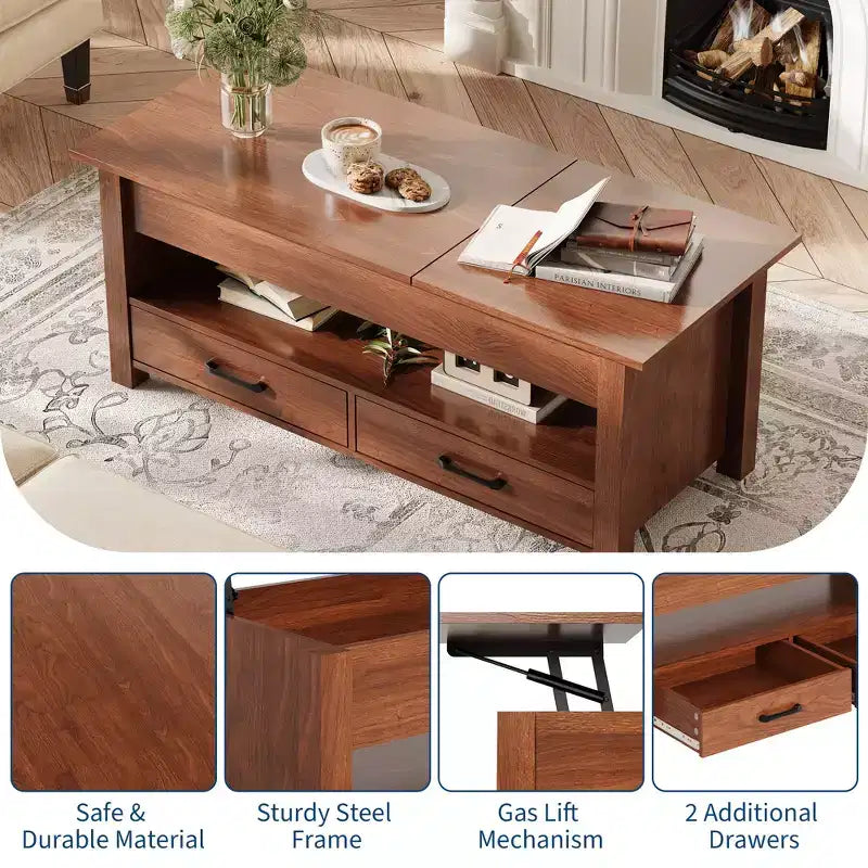 Table basse relevable avec 2 tiroirs et rangement caché, table en bois convertible pour salon et bureau à domicile