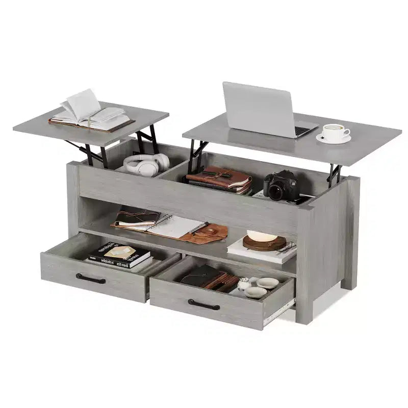 Table basse relevable avec 2 tiroirs et rangement caché, table en bois convertible pour salon et bureau à domicile