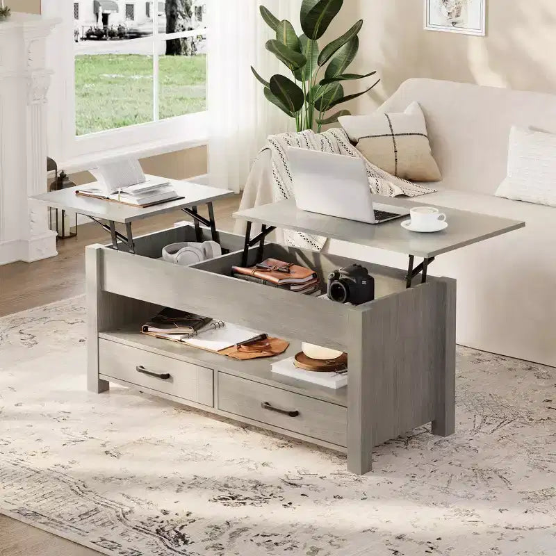 Table basse relevable avec 2 tiroirs et rangement caché, table en bois convertible pour salon et bureau à domicile