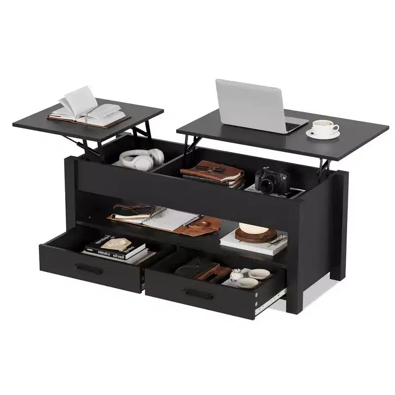 Table basse relevable avec 2 tiroirs et rangement caché, table en bois convertible pour salon et bureau à domicile