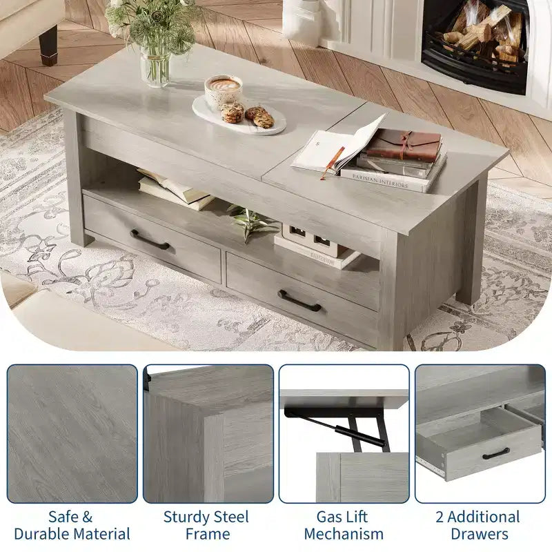 Table basse relevable avec 2 tiroirs et rangement caché, table en bois convertible pour salon et bureau à domicile
