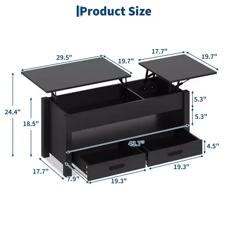 Table basse relevable avec 2 tiroirs et rangement caché, table en bois convertible pour salon et bureau à domicile