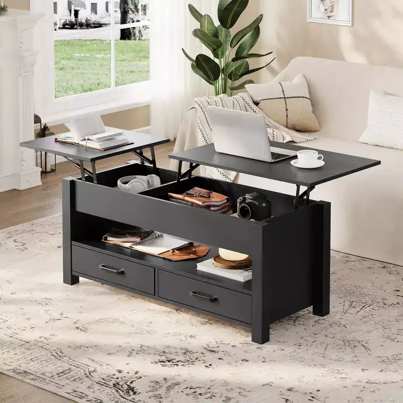 Table basse relevable avec 2 tiroirs et rangement caché, table en bois convertible pour salon et bureau à domicile