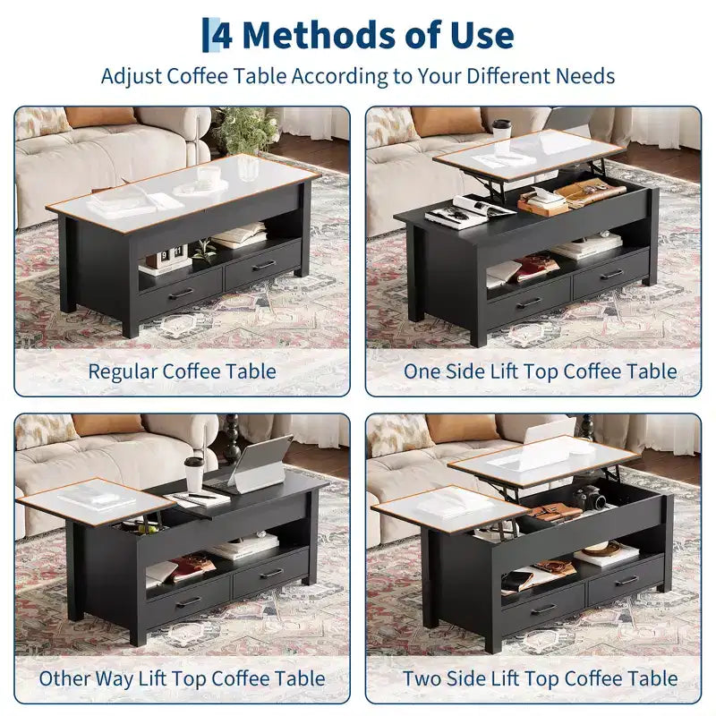 Table basse relevable avec 2 tiroirs et rangement caché, table en bois convertible pour salon et bureau à domicile