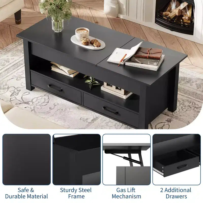 Table basse relevable avec 2 tiroirs et rangement caché, table en bois convertible pour salon et bureau à domicile