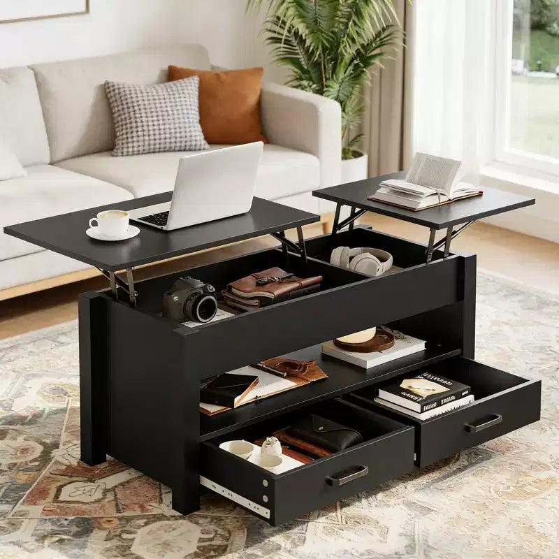 Lift Top Coffee Table with 2 Drawers & Hidden Storage, Convertible Wooden Table for Living Room Home Office