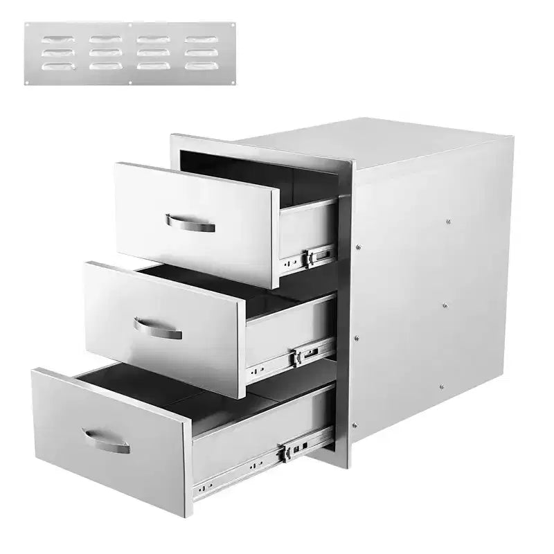 3-Tier Outdoor Kitchen Drawers Stainless Steel BBQ Drawer, 14 W x 23D x 21H, Enclosed Box Frame Style Flush Mount w/ Handle