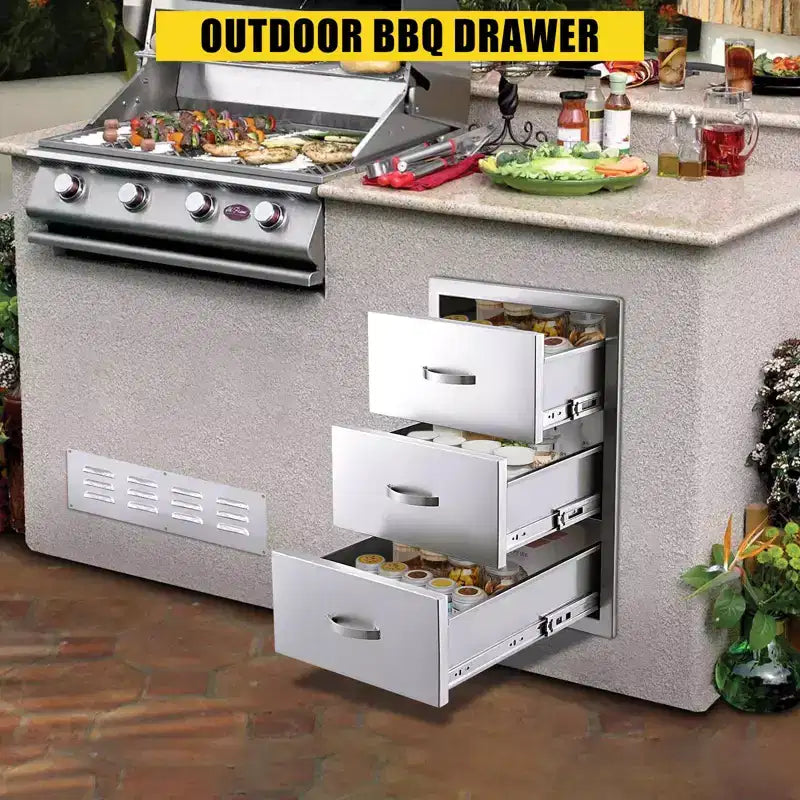 Tiroirs de cuisine extérieure 3 niveaux en acier inoxydable, 14 L x 23 P x 21 H, style encastrable avec cadre fermé et poignée