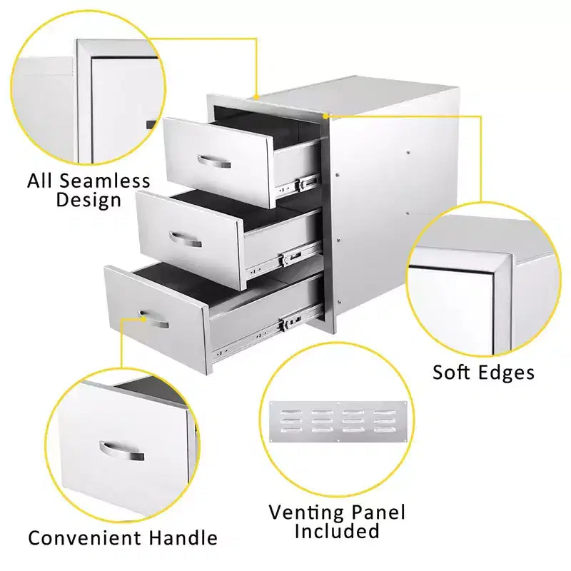 Tiroirs de cuisine extérieure 3 niveaux en acier inoxydable, 14 L x 23 P x 21 H, style encastrable avec cadre fermé et poignée