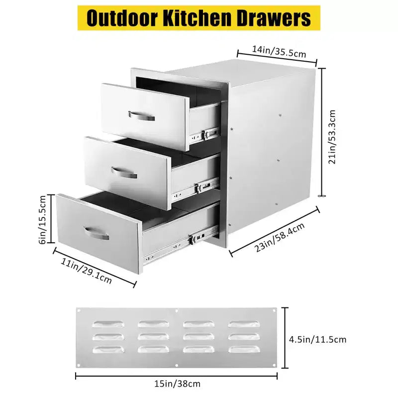 Tiroirs de cuisine extérieure 3 niveaux en acier inoxydable, 14 L x 23 P x 21 H, style encastrable avec cadre fermé et poignée