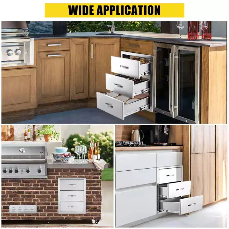 Tiroirs de cuisine extérieure 3 niveaux en acier inoxydable, 14 L x 23 P x 21 H, style encastrable avec cadre fermé et poignée
