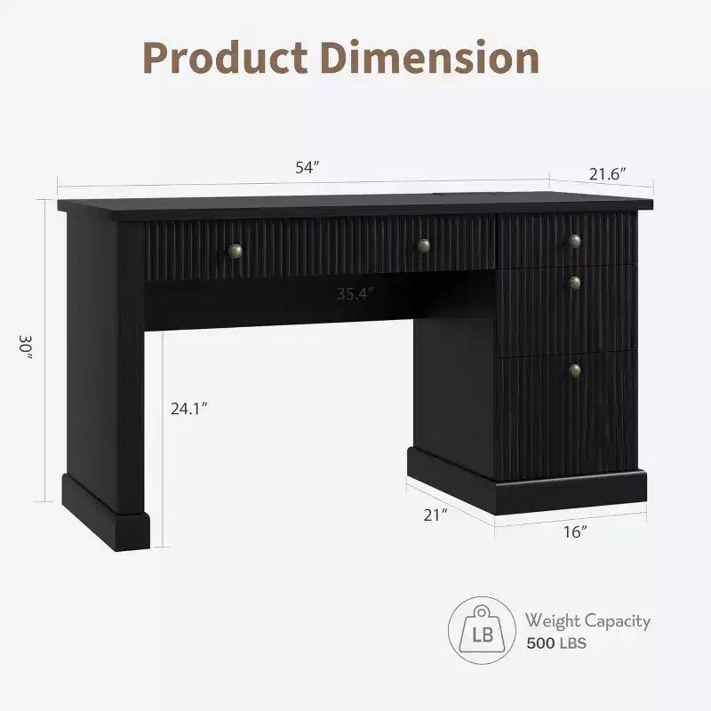 Bureau de télétravail cannelé de 137 cm avec tiroirs et chargement USB intégré, bureau d'écriture moderne pour salle d'étude