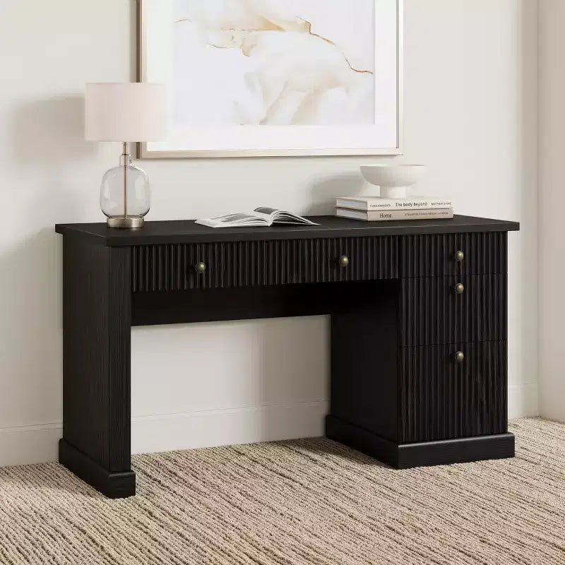 54'' Fluted Home Office Desk with Drawers and Built-In USB Charging, Modern Writing Desk for Study Room
