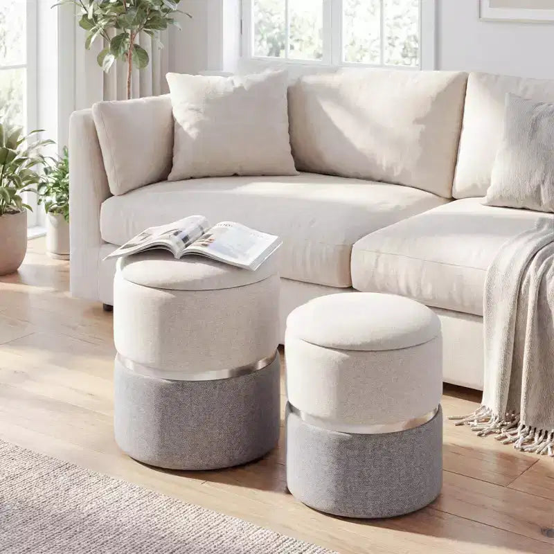 Pouffe de rangement rond moderne en tissu de lin pour chambre à coucher