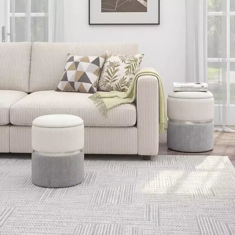 Pouffe de rangement rond moderne en tissu de lin pour chambre à coucher