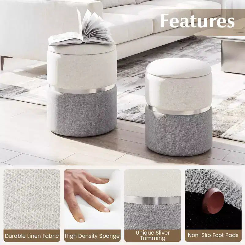 Pouffe de rangement rond moderne en tissu de lin pour chambre à coucher