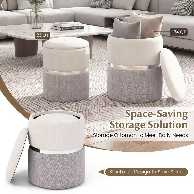 Pouffe de rangement rond moderne en tissu de lin pour chambre à coucher