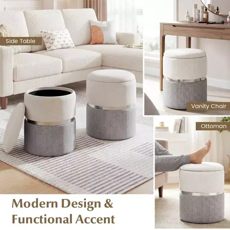 Pouffe de rangement rond moderne en tissu de lin pour chambre à coucher